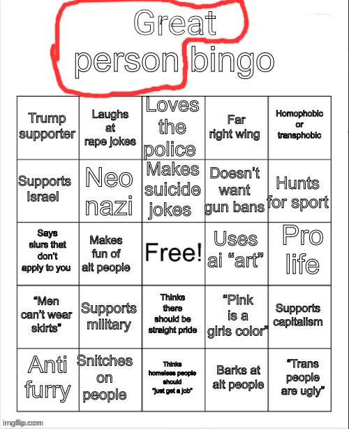 great person bingo | image tagged in great person bingo | made w/ Imgflip meme maker