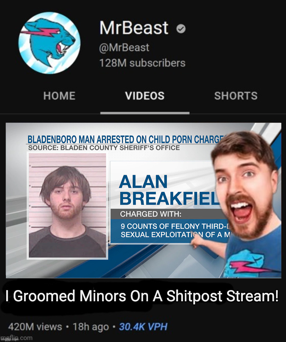 MrBeast thumbnail template | I Groomed Minors On A Shitpost Stream! | image tagged in mrbeast thumbnail template | made w/ Imgflip meme maker