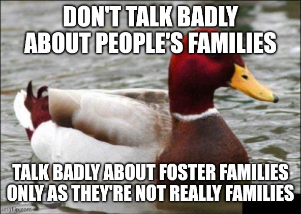 Malicious Advice Mallard Meme | DON'T TALK BADLY ABOUT PEOPLE'S FAMILIES; TALK BADLY ABOUT FOSTER FAMILIES ONLY AS THEY'RE NOT REALLY FAMILIES | image tagged in memes,malicious advice mallard | made w/ Imgflip meme maker