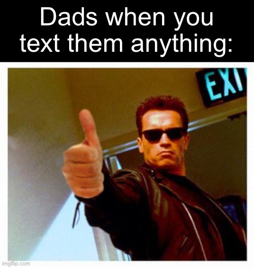 I don’t blame him it’s better than replying anything | Dads when you text them anything: | image tagged in terminator thumbs up,memes,relatable memes,why are you reading this,parents,terminator | made w/ Imgflip meme maker