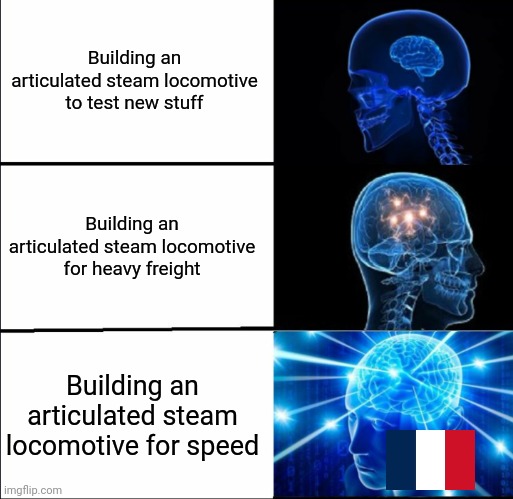 Anyone know the CFA 231-132.BT? | Building an articulated steam locomotive to test new stuff; Building an articulated steam locomotive for heavy freight; Building an articulated steam locomotive for speed | image tagged in galaxy brain 3 brains,train,railroad,steam locomotive,steam engine,france | made w/ Imgflip meme maker