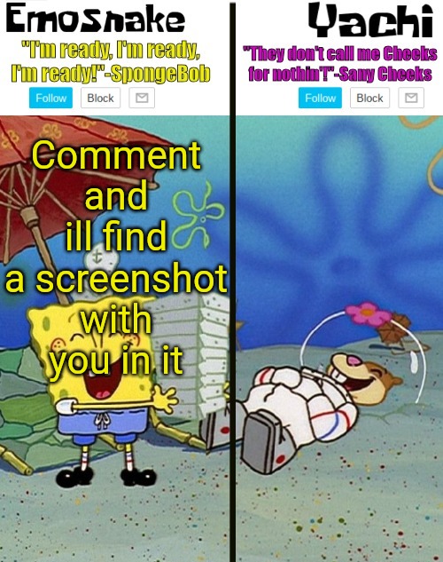 Emosnake and yachi temp | Comment and ill find a screenshot with you in it | image tagged in emosnake and yachi temp | made w/ Imgflip meme maker