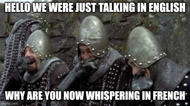 French Whispers | HELLO WE WERE JUST TALKING IN ENGLISH; WHY ARE YOU NOW WHISPERING IN FRENCH | image tagged in monty python holy grail french castle | made w/ Imgflip meme maker