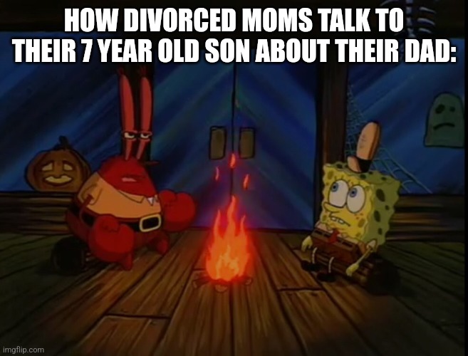 Mr. Krabs campfire | HOW DIVORCED MOMS TALK TO THEIR 7 YEAR OLD SON ABOUT THEIR DAD: | image tagged in mr krabs campfire | made w/ Imgflip meme maker