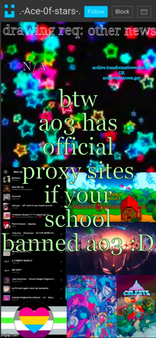 i use archive.transformativeworks.org :3 (my school can see that i use it. i dont care) | btw ao3 has official proxy sites if your school banned ao3 :D; N/A; archive.transformativeworks.org
OR
archiveofourown.gay | image tagged in if you see this i probably didn't add a title 3 | made w/ Imgflip meme maker