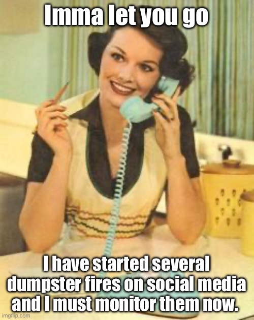 lady on the phone | Imma let you go; I have started several dumpster fires on social media and I must monitor them now. | image tagged in lady on the phone | made w/ Imgflip meme maker