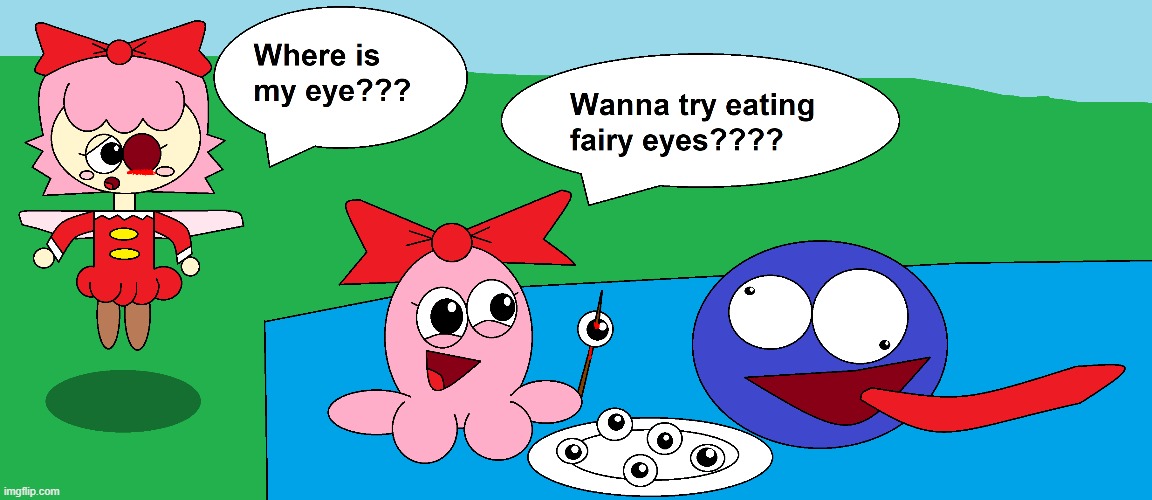 ChuChu and Gooey are in the picnic, and they are eating fairy eyes | image tagged in kirby,comics/cartoons,parody,funny,cute,gore | made w/ Imgflip meme maker