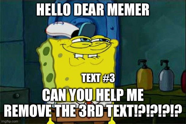 Help plz | HELLO DEAR MEMER; TEXT #3; CAN YOU HELP ME REMOVE THE 3RD TEXT!?!?!?!? | image tagged in memes,don't you squidward | made w/ Imgflip meme maker