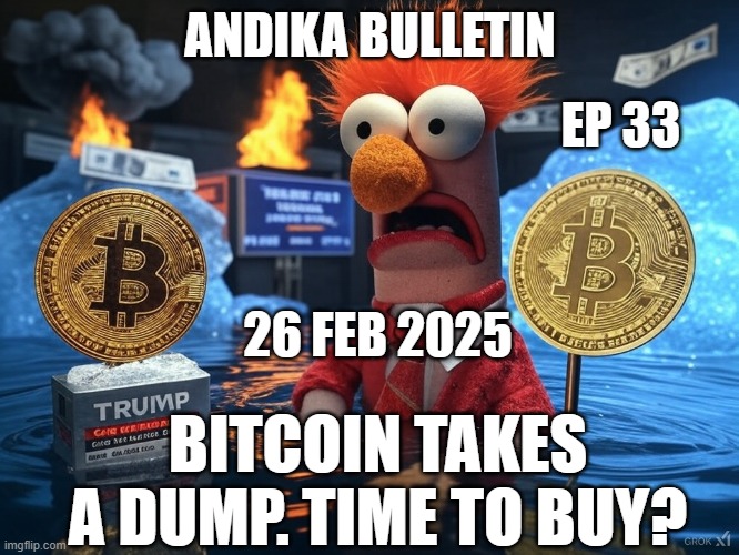 ANDIKA BULLETIN | ANDIKA BULLETIN; EP 33; 26 FEB 2025; BITCOIN TAKES A DUMP. TIME TO BUY? | image tagged in beaker | made w/ Imgflip meme maker