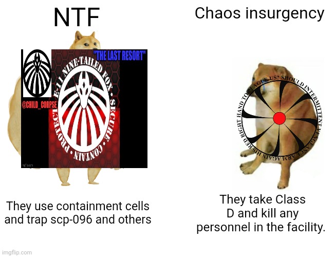 Nine tailed fox vs Chaos insurgency | NTF; Chaos insurgency; They use containment cells and trap scp-096 and others; They take Class D and kill any personnel in the facility. | image tagged in memes,buff doge vs cheems | made w/ Imgflip meme maker