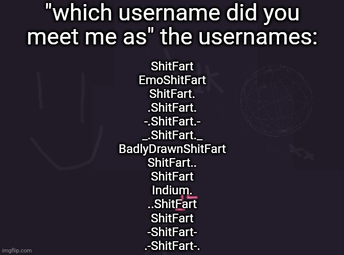 vik's image | "which username did you meet me as" the usernames:; ShitFart
EmoShitFart
ShitFart.
.ShitFart.
-.ShitFart.-
_.ShitFart._
BadlyDrawnShitFart
ShitFart..
ShitFart
Indium.
..ShitFart
ShitFart
-ShitFart-
.-ShitFart-. | image tagged in vik's image | made w/ Imgflip meme maker