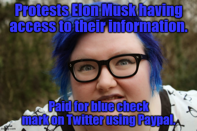 Blue Checkmark | Protests Elon Musk having access to their information. Paid for blue check mark on Twitter using Paypal. | image tagged in fat blue-haired feminist | made w/ Imgflip meme maker