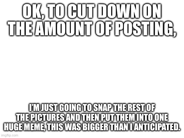 Time to make the rest into one thing. | OK, TO CUT DOWN ON THE AMOUNT OF POSTING, I’M JUST GOING TO SNAP THE REST OF THE PICTURES AND THEN PUT THEM INTO ONE HUGE MEME, THIS WAS BIGGER THAN I ANTICIPATED. | image tagged in tired already | made w/ Imgflip meme maker