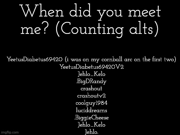 theres probably more i dont remember | When did you meet me? (Counting alts); YeetusDiabetus69420 (i was on my cornball arc on the first two)
YeetusDiabetus69420V2
Jehlo_Kelo
.BigDRandy
crashout
crashoutv2
coolguy1984
luciddreams
.BiggieCheese
Jehlo_Kelo
Jehlo. | made w/ Imgflip meme maker