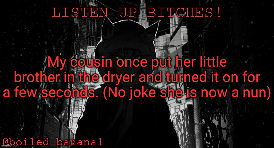 My cousin once put her little brother in the dryer and turned it on for a few seconds. (No joke she is now a nun) | image tagged in boiled_banana1 temp | made w/ Imgflip meme maker