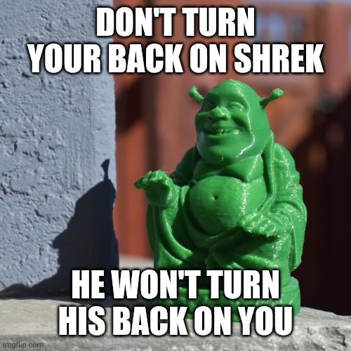 There is only one Shrek | DON'T TURN YOUR BACK ON SHREK; HE WON'T TURN HIS BACK ON YOU | image tagged in buddha shrek,memes,shrek | made w/ Imgflip meme maker