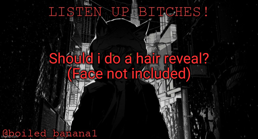 i will never show my actual face. | Should i do a hair reveal?
(Face not included) | image tagged in boiled_banana1 temp | made w/ Imgflip meme maker