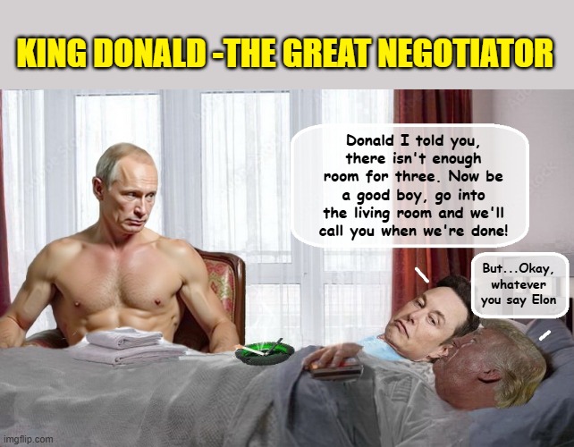 Two's Company, Three's A Crowd.. | KING DONALD -THE GREAT NEGOTIATOR; Donald I told you, there isn't enough room for three. Now be a good boy, go into the living room and we'll call you when we're done! But...Okay, whatever you say Elon | image tagged in trump putin,vladimir putin,elon musk,donald trump is an idiot,trump is a moron | made w/ Imgflip meme maker