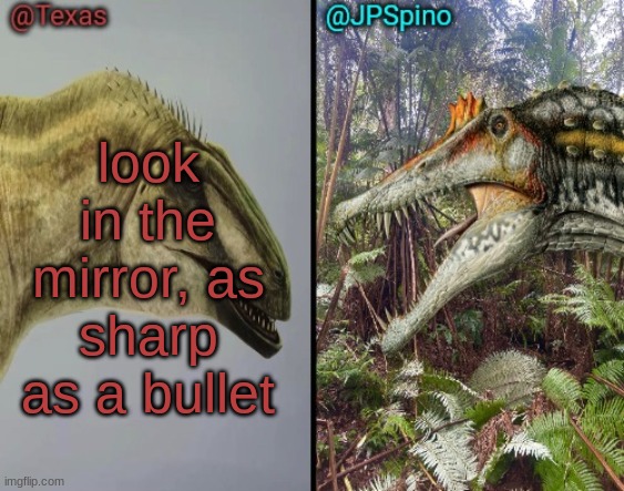Texas and spino temp | look in the mirror, as sharp as a bullet | image tagged in texas and spino temp | made w/ Imgflip meme maker
