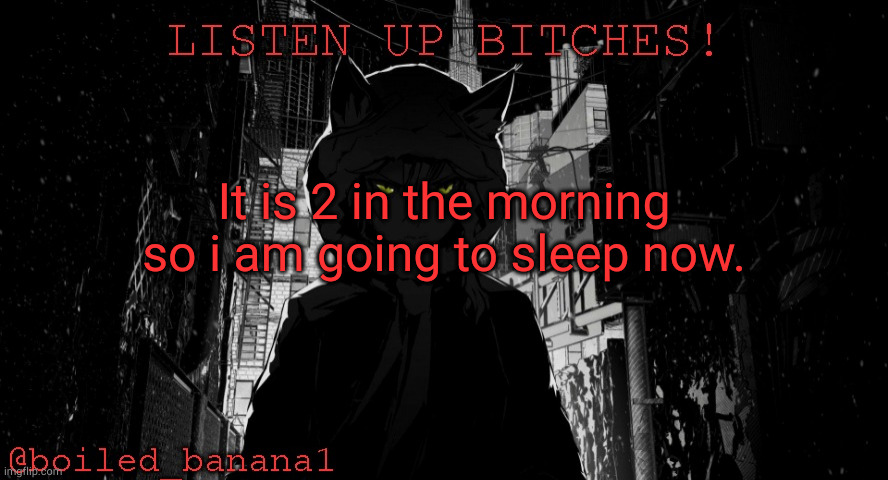 It is 2 in the morning so i am going to sleep now. | image tagged in boiled_banana1 temp | made w/ Imgflip meme maker