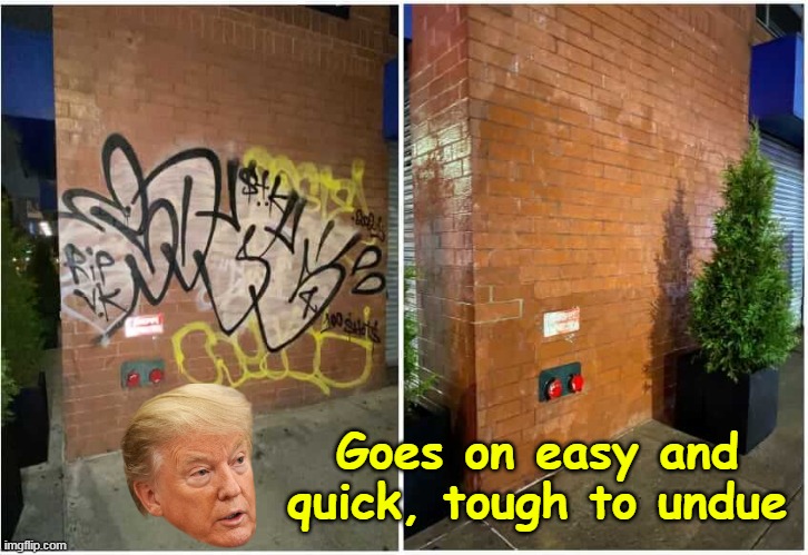 Why hasn't he powered prices ???? | Goes on easy and quick, tough to undue | image tagged in trump graffiti meme | made w/ Imgflip meme maker