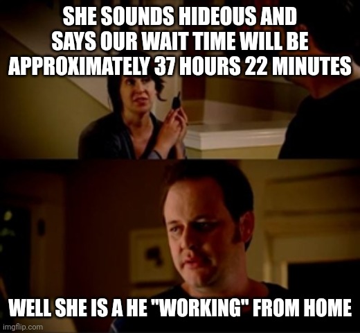 Jake from state farm | SHE SOUNDS HIDEOUS AND SAYS OUR WAIT TIME WILL BE APPROXIMATELY 37 HOURS 22 MINUTES WELL SHE IS A HE "WORKING" FROM HOME | image tagged in jake from state farm | made w/ Imgflip meme maker