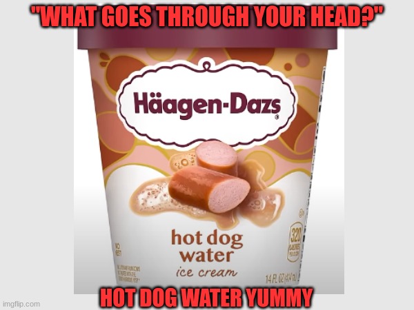 What color would it be... O_o  (credit to: Brandon Shepherd YT) | "WHAT GOES THROUGH YOUR HEAD?"; HOT DOG WATER YUMMY | image tagged in funny,food,junk food,cursed image | made w/ Imgflip meme maker