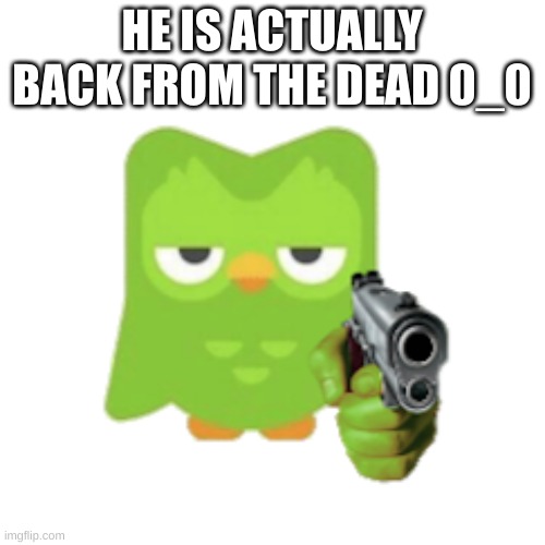 Duolingo | HE IS ACTUALLY BACK FROM THE DEAD 0_0 | image tagged in duolingo | made w/ Imgflip meme maker
