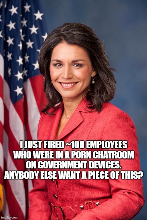 Tulsi Gabbard | I JUST FIRED ~100 EMPLOYEES WHO WERE IN A PORN CHATROOM ON GOVERNMENT DEVICES. ANYBODY ELSE WANT A PIECE OF THIS? | image tagged in tulsi gabbard | made w/ Imgflip meme maker