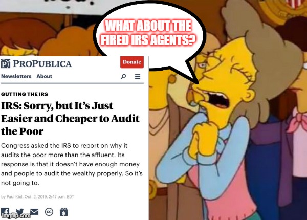 DOGE 1 | WHAT ABOUT THE FIRED IRS AGENTS? | image tagged in think of the children simpsons,doge,irs | made w/ Imgflip meme maker