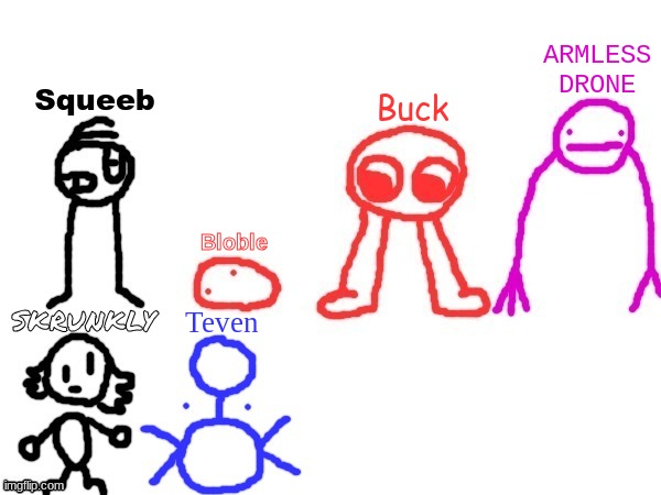 Send me more creatures in the comments and I will probably add them. | ARMLESS DRONE; Squeeb; Buck; Bloble; SKRUNKLY; Teven | made w/ Imgflip meme maker
