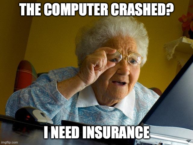 Computer crashes don't insurance | THE COMPUTER CRASHED? I NEED INSURANCE | image tagged in memes,grandma finds the internet,computer,crash,funny,literally | made w/ Imgflip meme maker