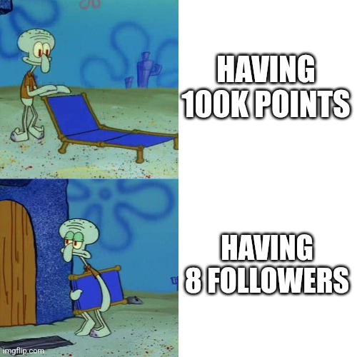 Which is sad for me cuz people with less points than me have more followers. | HAVING 100K POINTS; HAVING 8 FOLLOWERS | image tagged in squidward chair,points,followers,imgflip points,memes,funny | made w/ Imgflip meme maker