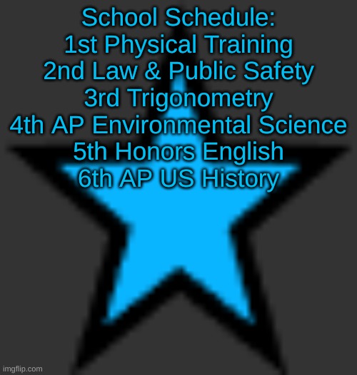 this is  not zeta posting | School Schedule:
1st Physical Training
2nd Law & Public Safety
3rd Trigonometry
4th AP Environmental Science
5th Honors English
6th AP US History | image tagged in bluestar | made w/ Imgflip meme maker