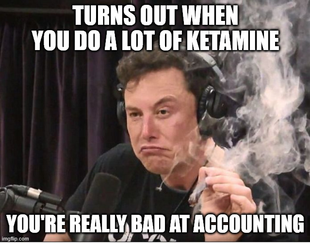 the doge math ain't mathing. | TURNS OUT WHEN YOU DO A LOT OF KETAMINE; YOU'RE REALLY BAD AT ACCOUNTING | image tagged in elon musk smoking a joint | made w/ Imgflip meme maker