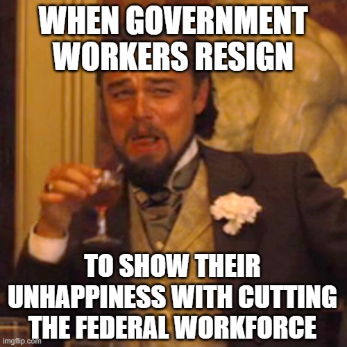 Ironic | WHEN GOVERNMENT WORKERS RESIGN; TO SHOW THEIR UNHAPPINESS WITH CUTTING THE FEDERAL WORKFORCE | image tagged in memes,laughing leo | made w/ Imgflip meme maker