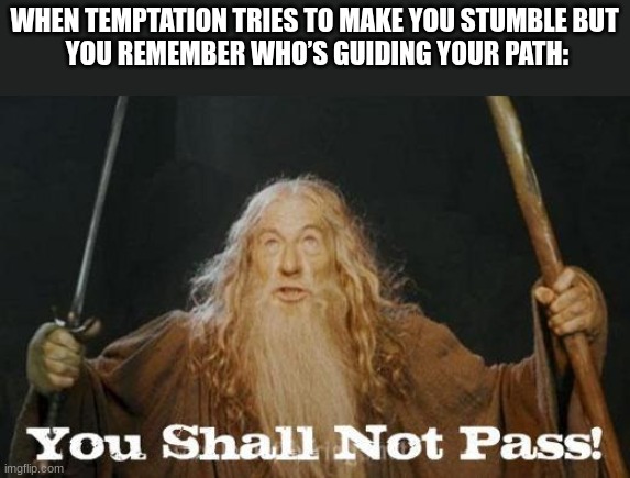 gandalf you shall not pass | WHEN TEMPTATION TRIES TO MAKE YOU STUMBLE BUT
 YOU REMEMBER WHO’S GUIDING YOUR PATH: | image tagged in gandalf you shall not pass,christian | made w/ Imgflip meme maker