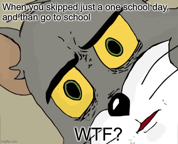 School meme | When you skipped just a one school day, 
and than go to school; WTF? | image tagged in memes,unsettled tom | made w/ Imgflip meme maker