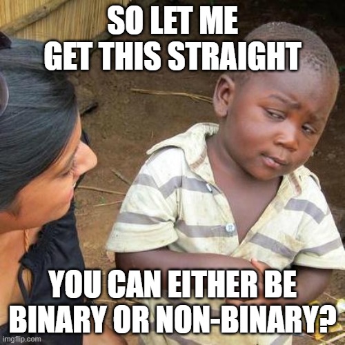 Third World Skeptical Kid | SO LET ME GET THIS STRAIGHT; YOU CAN EITHER BE BINARY OR NON-BINARY? | image tagged in memes,third world skeptical kid | made w/ Imgflip meme maker