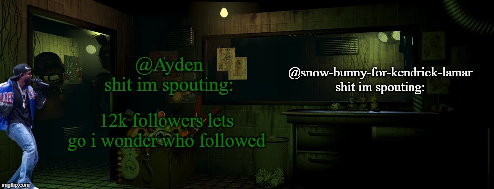 *winks in alt account* | 12k followers lets go i wonder who followed | image tagged in snow bunny and ayden shared temp | made w/ Imgflip meme maker
