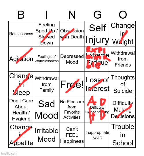 tw// self harm / suicide | image tagged in depression bingo 1 | made w/ Imgflip meme maker