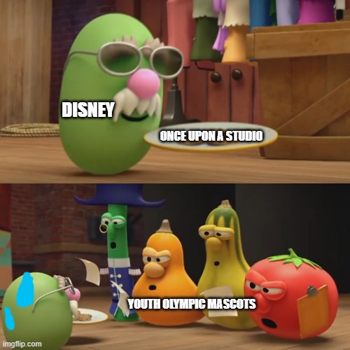 Once Upon A studio in a nutshell | DISNEY; ONCE UPON A STUDIO; YOUTH OLYMPIC MASCOTS | image tagged in veggietales need a snack | made w/ Imgflip meme maker
