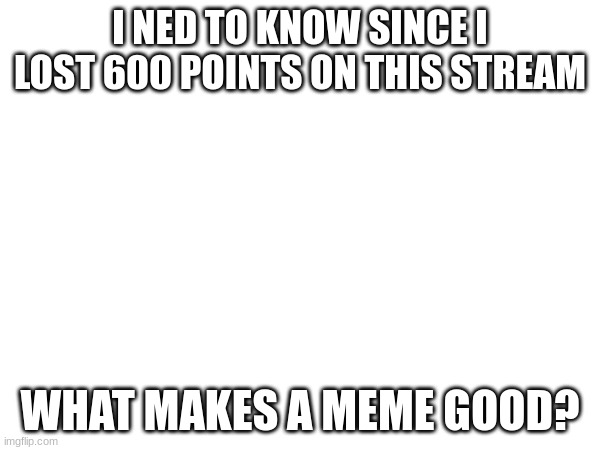 I deadass gotta know | I NED TO KNOW SINCE I LOST 600 POINTS ON THIS STREAM; WHAT MAKES A MEME GOOD? | image tagged in questions,points,imgflip | made w/ Imgflip meme maker