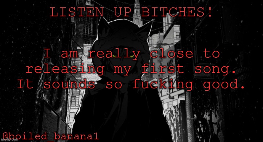 boiled_banana1 temp | I am really close to releasing my first song.
It sounds so fucking good. | image tagged in boiled_banana1 temp | made w/ Imgflip meme maker