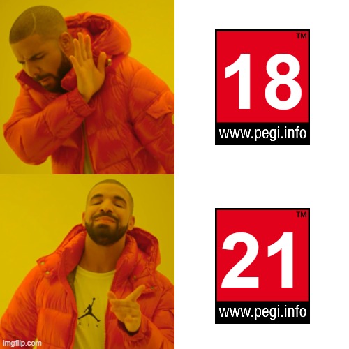 Should the PEGI 21 watermark exist? | 18; 21 | image tagged in memes,drake hotline bling | made w/ Imgflip meme maker