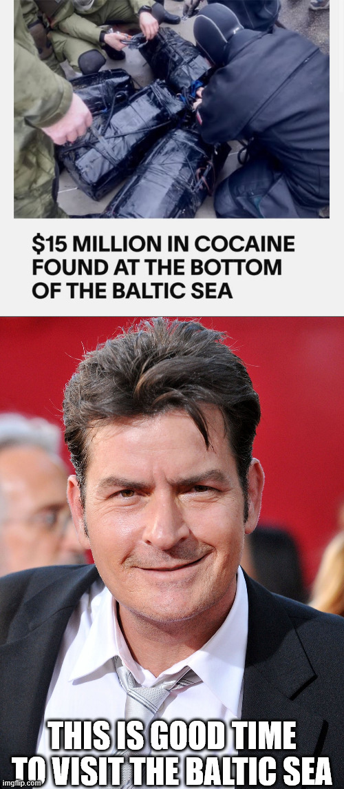 Charlie Sheen wants to visit the Baltic Sea | THIS IS GOOD TIME TO VISIT THE BALTIC SEA | image tagged in charlie sheen,cocaine,baltic sea,drugs | made w/ Imgflip meme maker