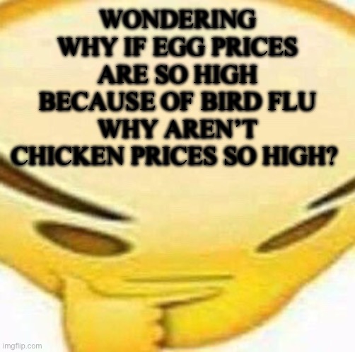 Hmmmmmmm | WONDERING WHY IF EGG PRICES ARE SO HIGH BECAUSE OF BIRD FLU WHY AREN’T CHICKEN PRICES SO HIGH? | image tagged in hmmmmmmm | made w/ Imgflip meme maker