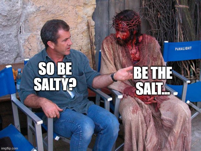 Salt or Salty | BE THE SALT... SO BE SALTY? | image tagged in mel gibson and jesus christ | made w/ Imgflip meme maker