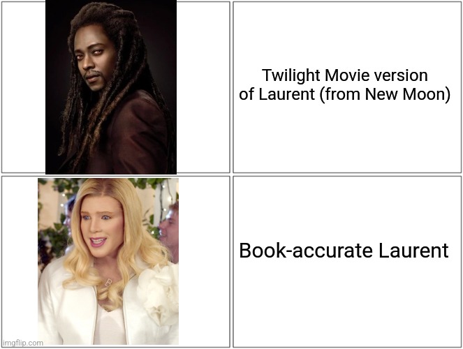 Blank Comic Panel 2x2 Meme | Twilight Movie version of Laurent (from New Moon); Book-accurate Laurent | image tagged in memes,blank comic panel 2x2,twilight | made w/ Imgflip meme maker