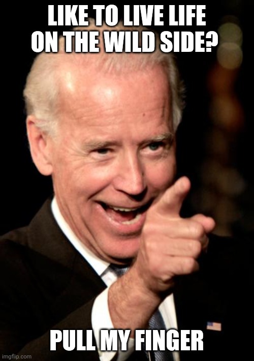 Pull my finger | LIKE TO LIVE LIFE ON THE WILD SIDE? PULL MY FINGER | image tagged in memes,smilin biden | made w/ Imgflip meme maker